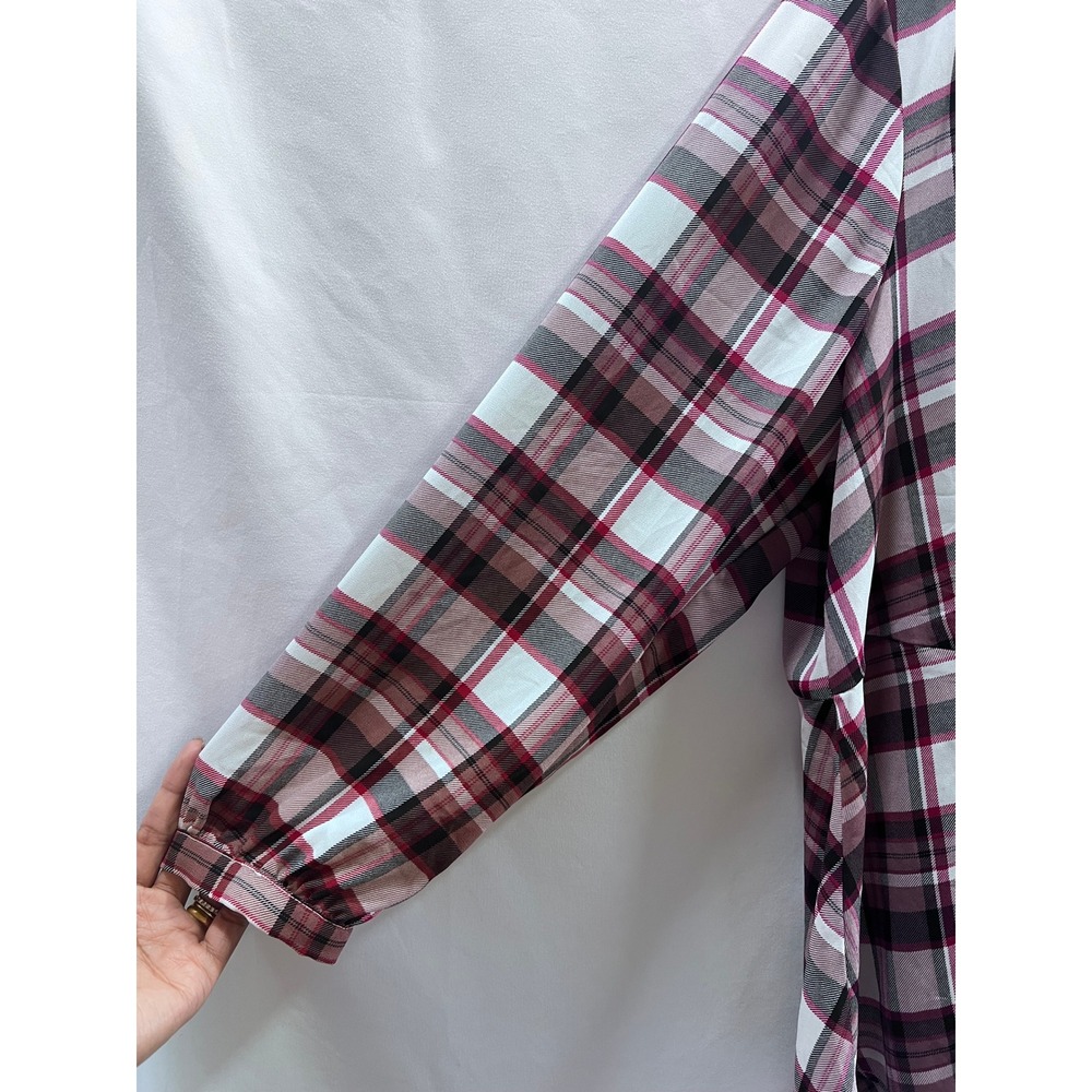 Torrid Womens Plaid Tie Front Peplum Blouse Burgundy Black White Size 00 M L - Picture 5 of 7